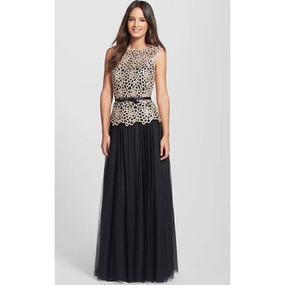 Tadashi Shoji Taupe and Black Belted Embroidered Gown - Picture 1 of 12